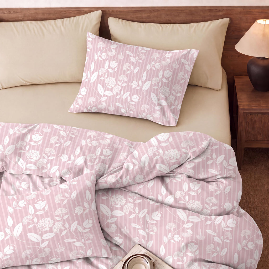 Pink Floral Duvet Cover Set, Blush Pink Leaf Floral Stripe Duvet Cover Set, 3 Piece 100% Cotton Soft
