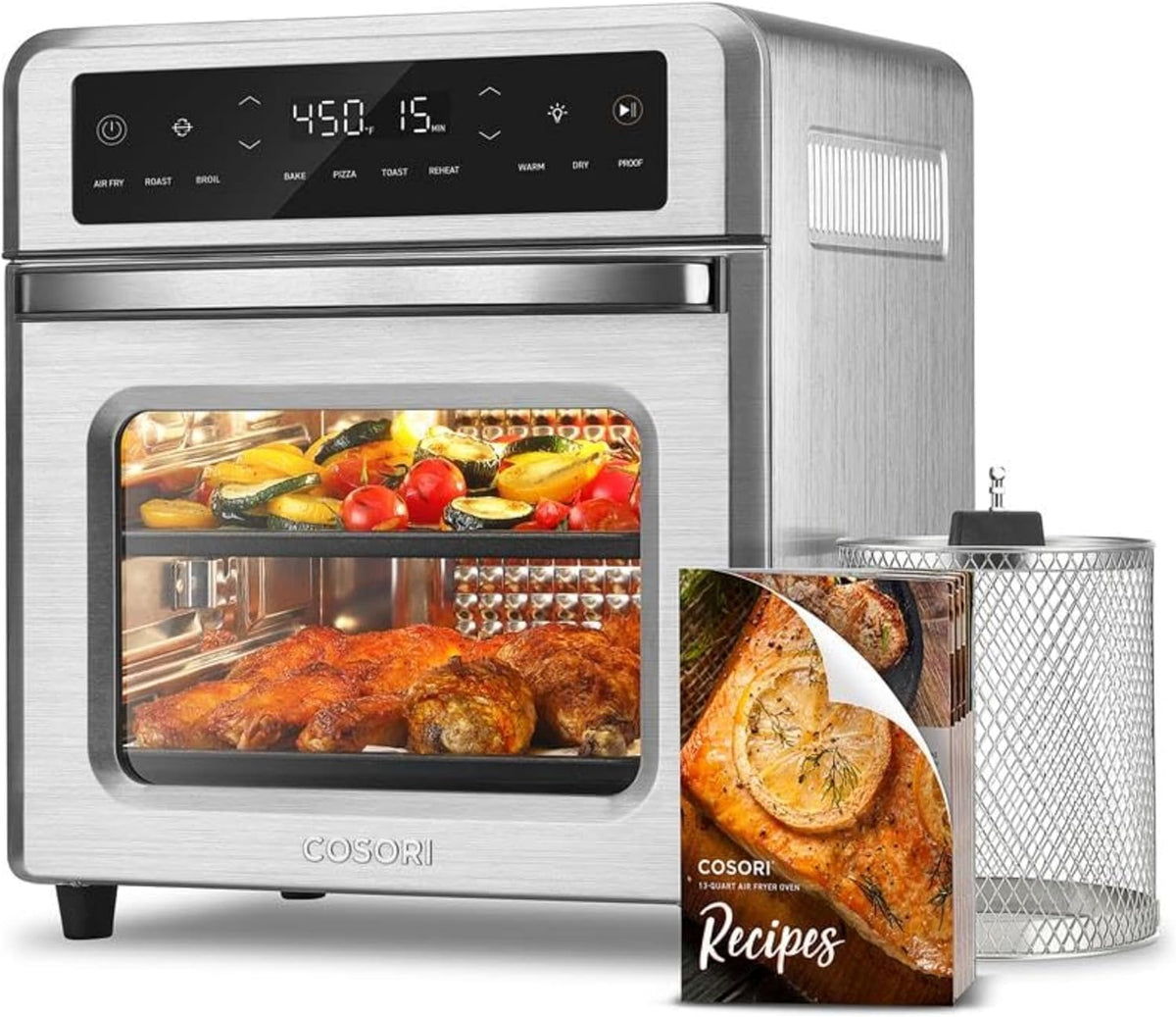 11-in-1 Air Fryer Oven, 13Qt Small Footprint Airfryer combo with Rotisserie, Toast, Bake, Roast, Reheat Functions and more, Recipe Book & 6 Accessories Included, Perfect for Small Countertop