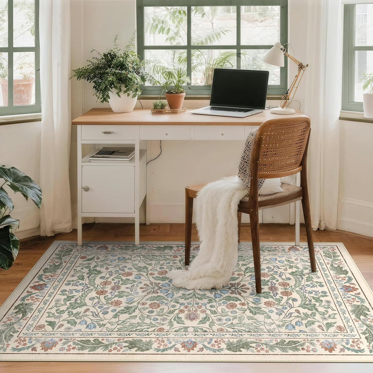 Floral Indoor Entrance Area Rug, Washable Vintage Boho Entryway Rugs, Low Pile Non Slip Soft Carpet for Kitchen