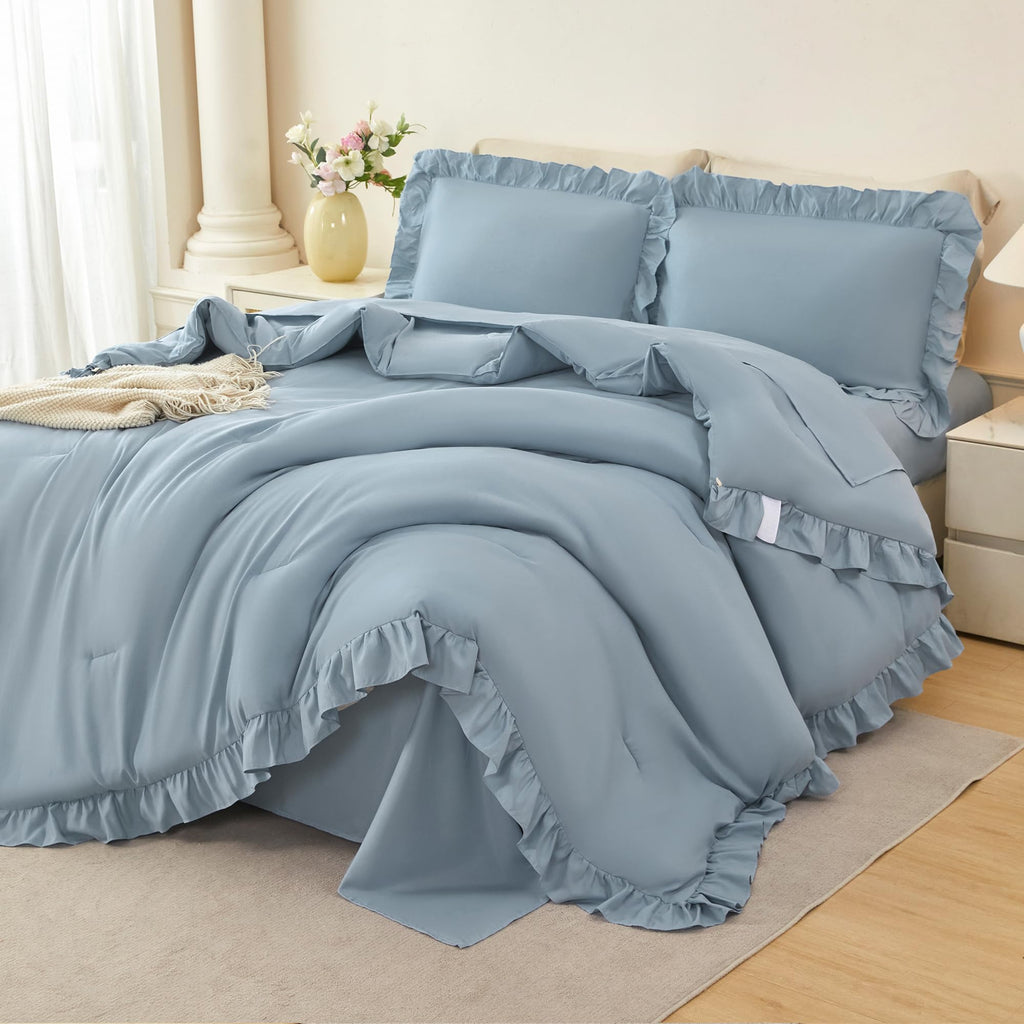 5Pcs Comforter Sets Dusty Blue Ruffle Bedding Sets