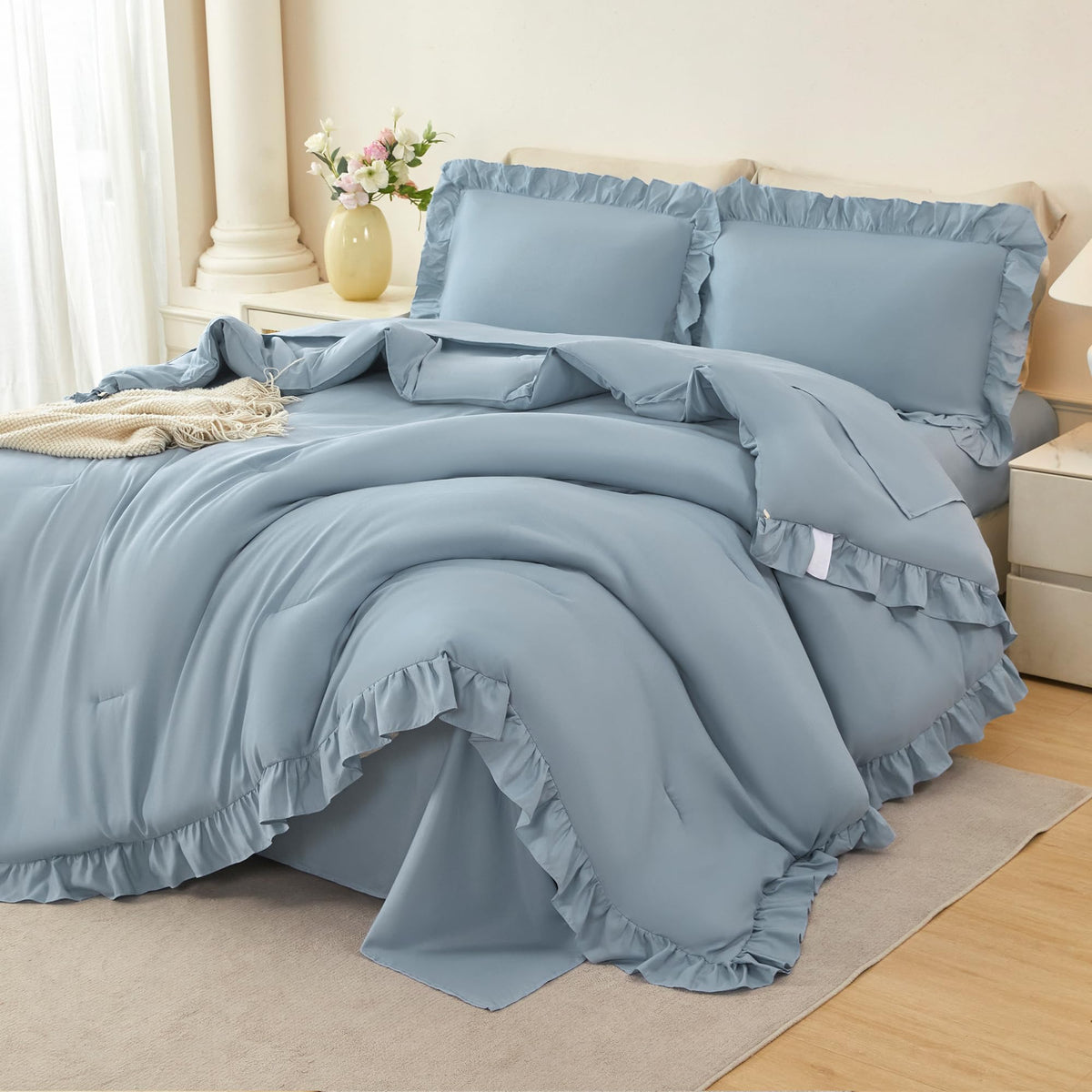 5Pcs Comforter Sets Dusty Blue Ruffle Bedding Sets