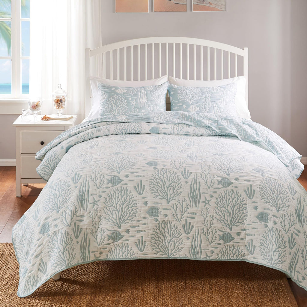 Home Coastal Paradise Reversible Matelassé Coverlet Set, 3-Piece, Marina Seafoam