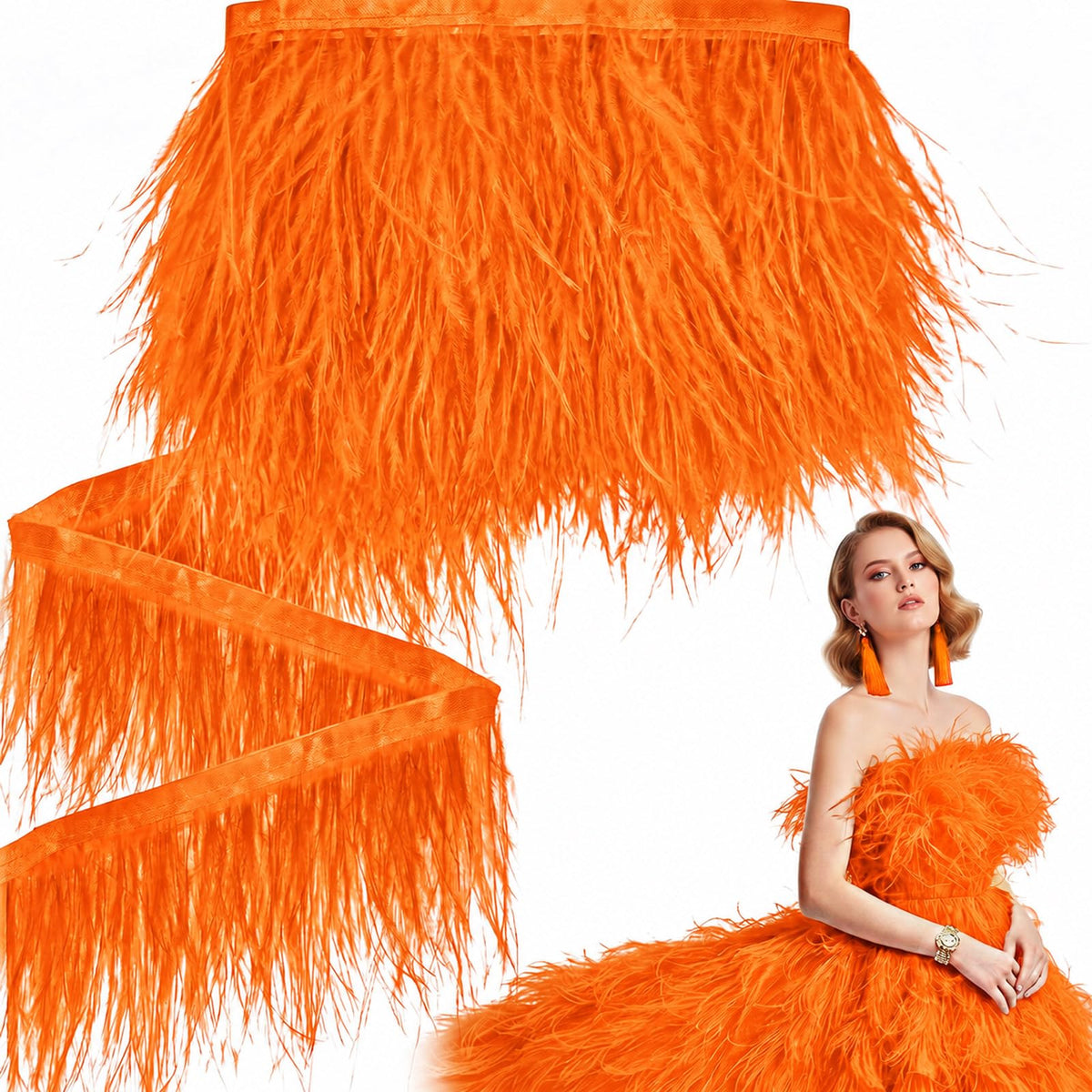 Ostrich Feathers Trims 3-4 Inch Feathers Fringe, Orange - 10 Yards