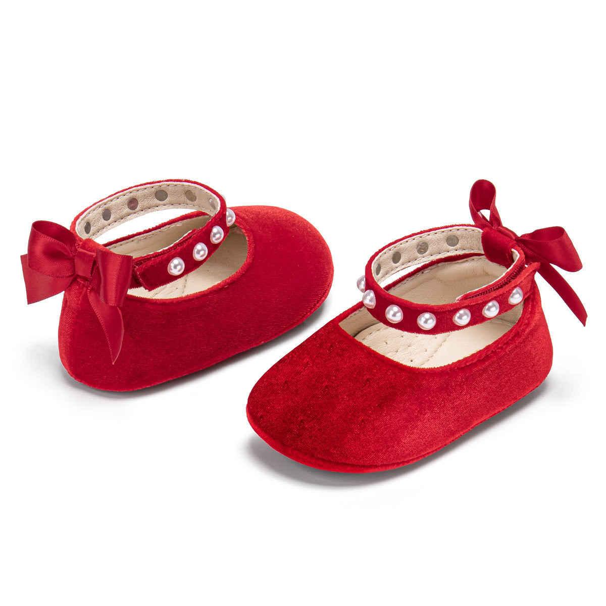 Baby Girls Velvet Red Mary Jane Flats - Infant Walking Shoes Soft Rubber Sole Princess Wedding