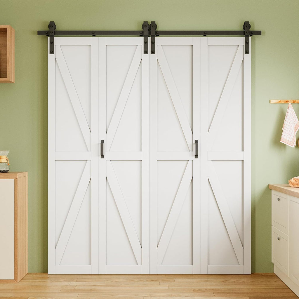 72" x 84" Pre-Assembled Solid Core Panels Bifold Barn Door, White Primed Finish Folding Barn Door with Hardware Kit