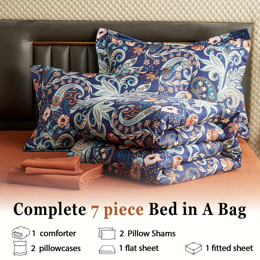 7 Piece Paisley Flower Bedding Comforter Bed in a Bag Set