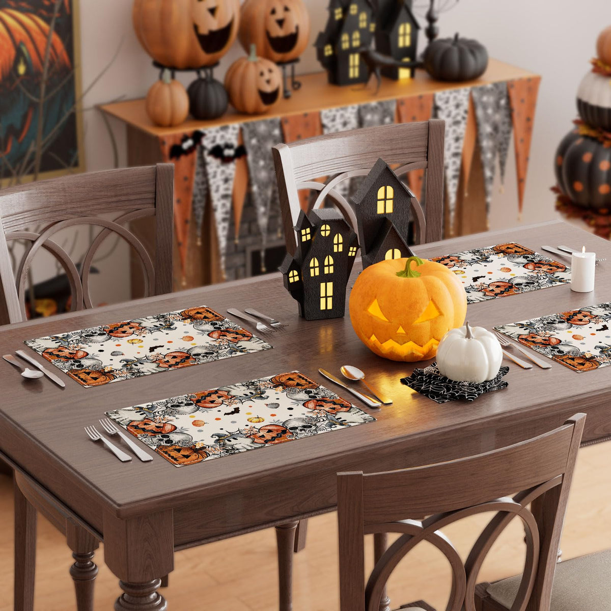 Halloween Skeleton Ghost Placemats Set of 6 Table Decor 12x18 Inch