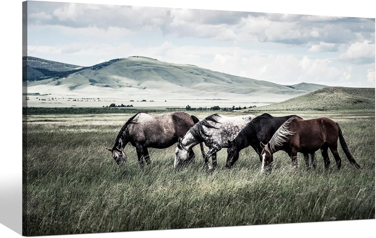 Rustic Horse Canvas Wall Art: Farmhouse Horses Picture Vintage Wild Animal Grazing on Grass Painting Print Country