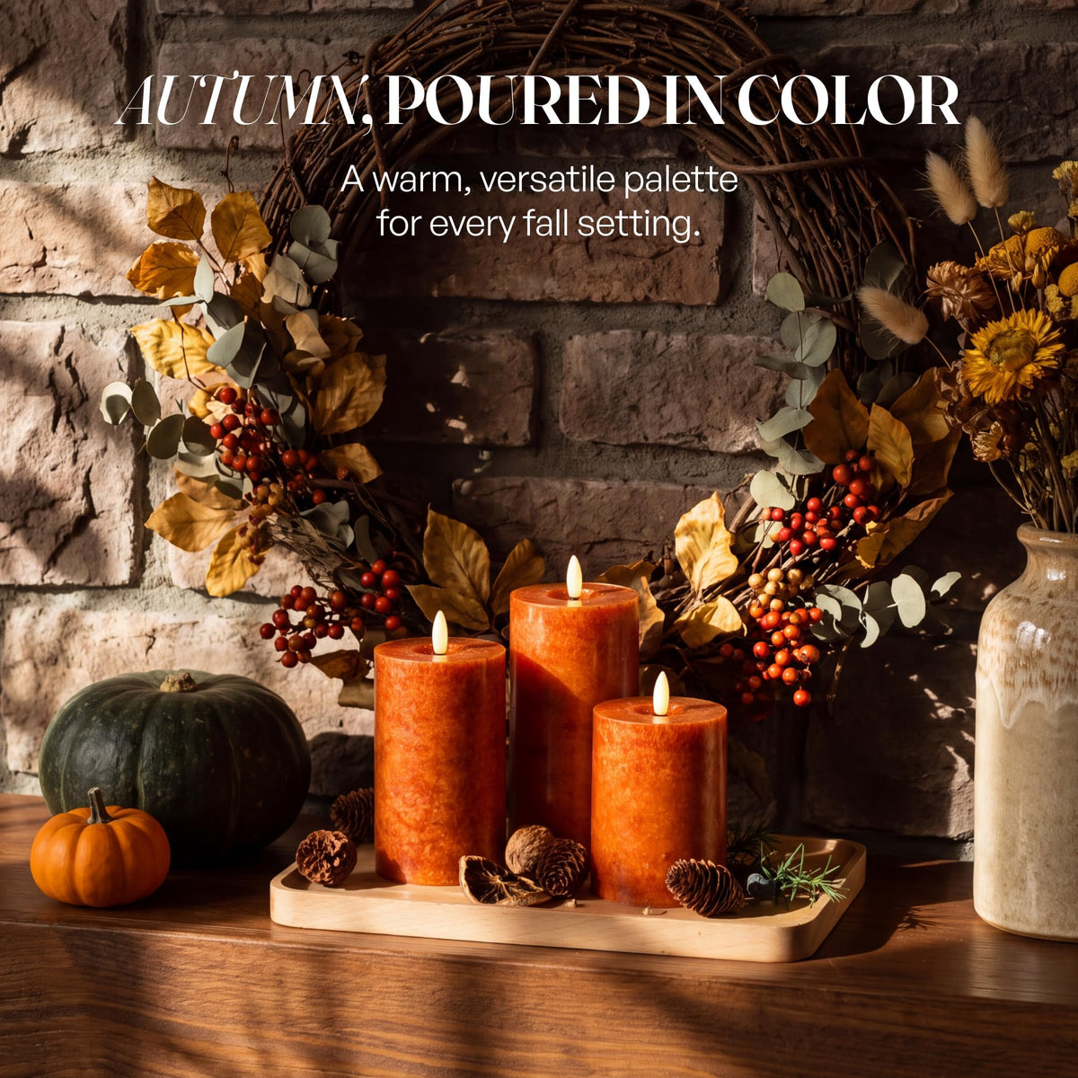 Mottled Orange Fall Flameless Candles with Remote and Timer, Real Wax Made LED Pillar Candles Battery Operated with