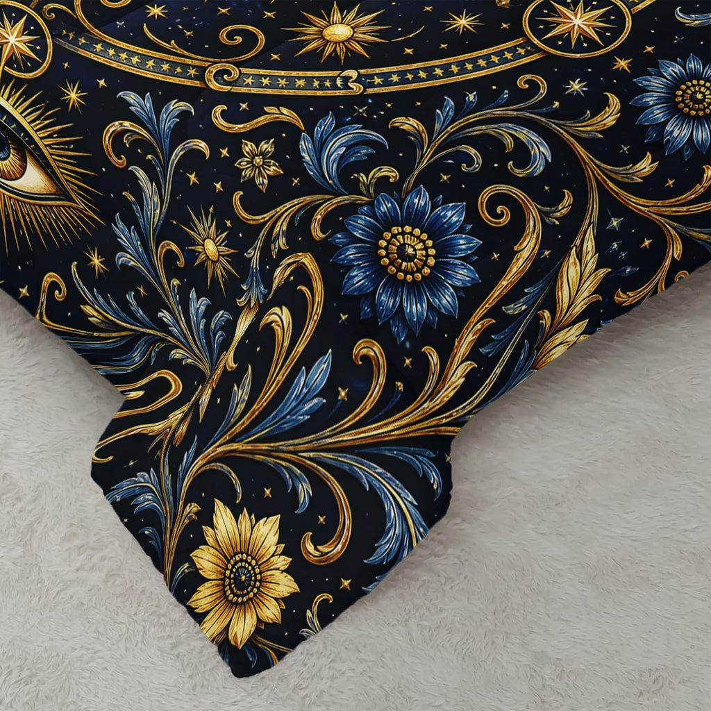 Gold Sun Face 3-Piece Comforter Set Twin, Navy Celestial Baroque Soft Microfiber Bedding with 2 Pillowcases for Teens