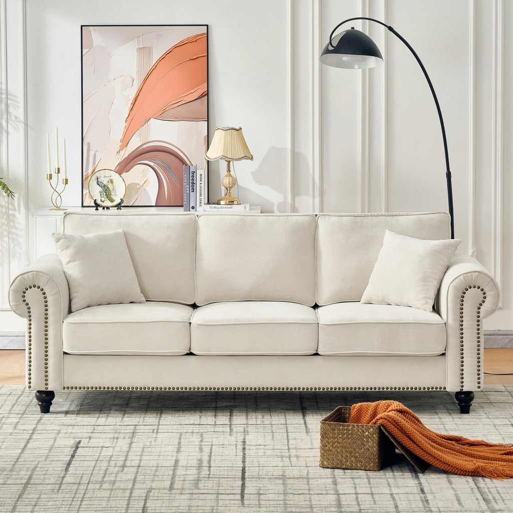 86.5" Chesterfield Sofa with Rolled Arms, Chenille Upholstered 3-Seater Couch with Wood Legs and Nailhead Trim