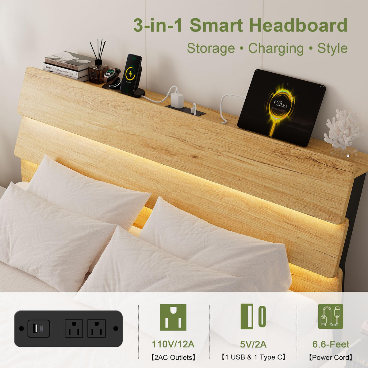 Floating Bed Frame Queen with Led Lights and Charging Station, Wood Queen Size Bed Frame with Storage Headboard