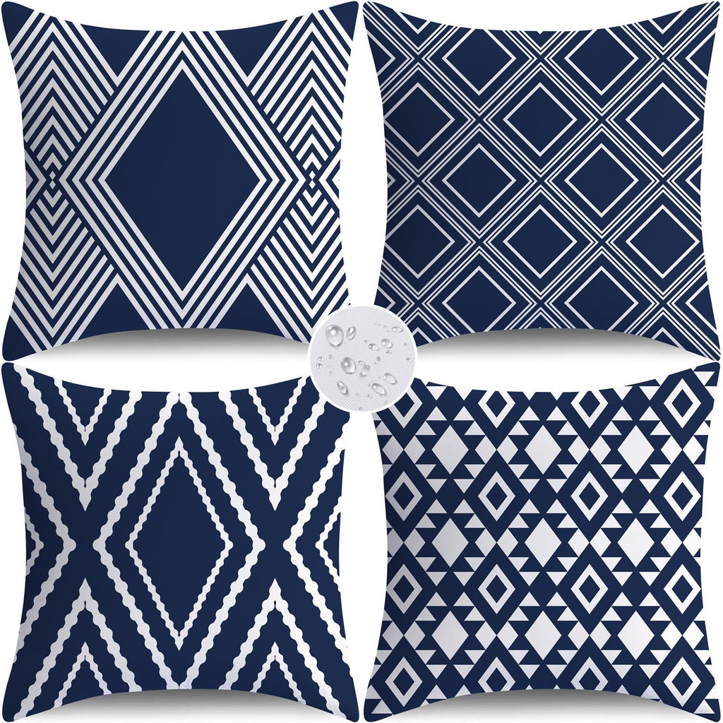 Outdoor Waterproof Pillow Covers 18x18 Set of 4 Navy Blue and White Modern Geometry Decorative Outdoor Throw Pillows
