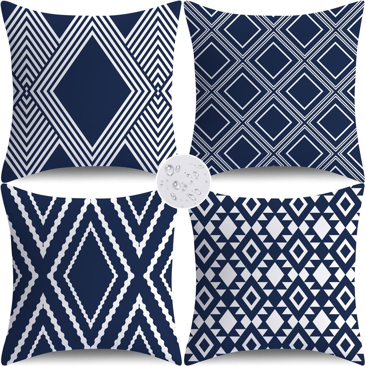 Outdoor Waterproof Pillow Covers 18x18 Set of 4 Navy Blue and White Modern Geometry Decorative Outdoor Throw Pillows
