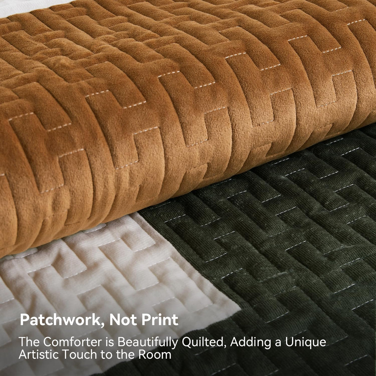 Velvet Quilt Set, Luxury Patchwork Design, Green Caramel
