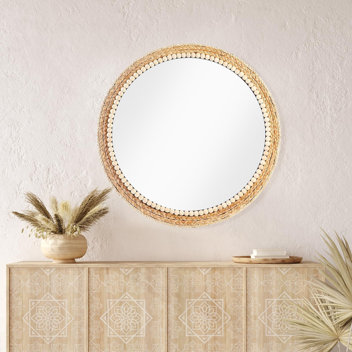 21 Inch Boho Round Hanging Wall Mirror Decorative Rattan Circle Wall Mounted Mirror for Farmhouse, Living Room