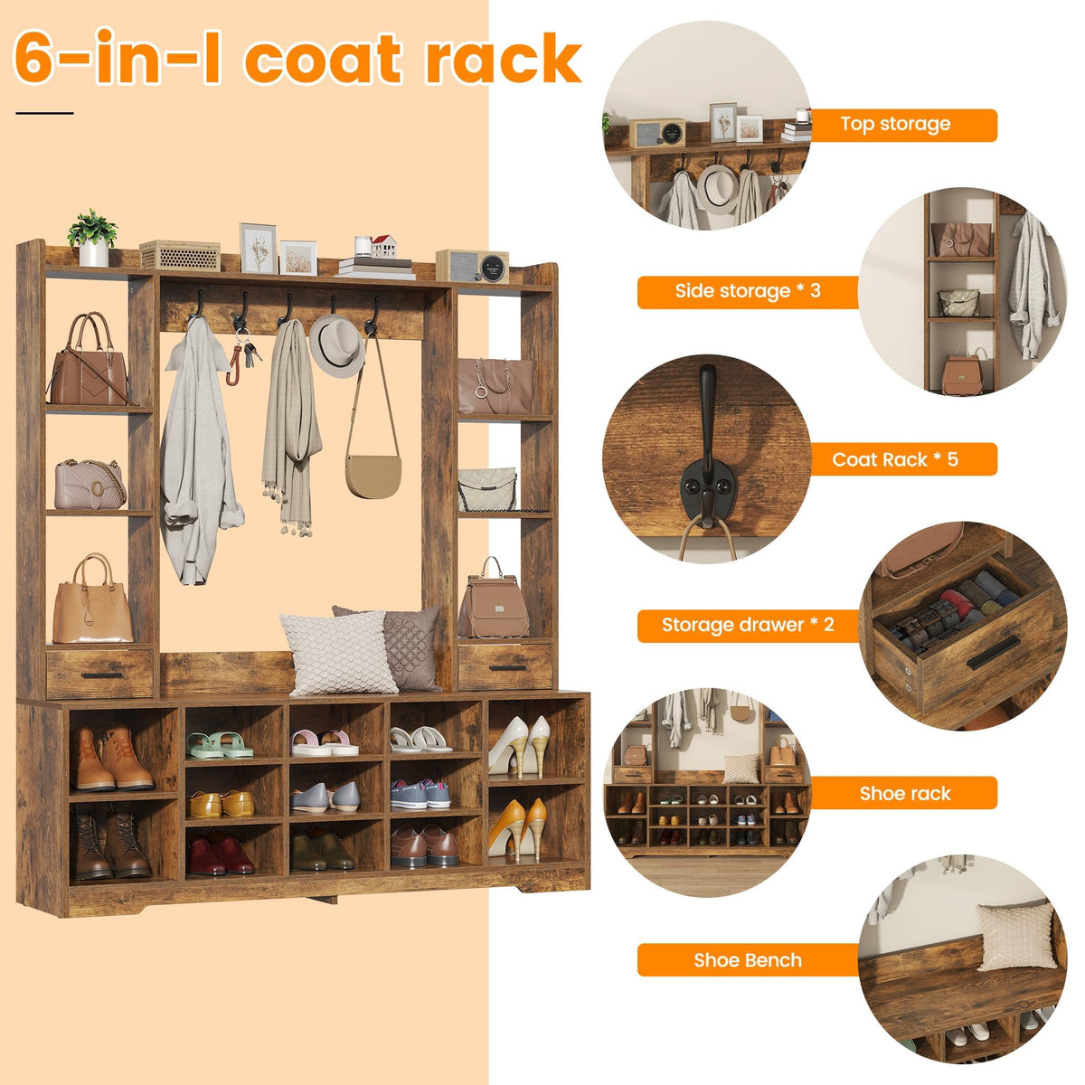 61.6" Farmhouse Hall Tree with 2 Independent Drawers, 6-in-1 Entryway Bench with Coat Rack Adjustable Shoe Storage for