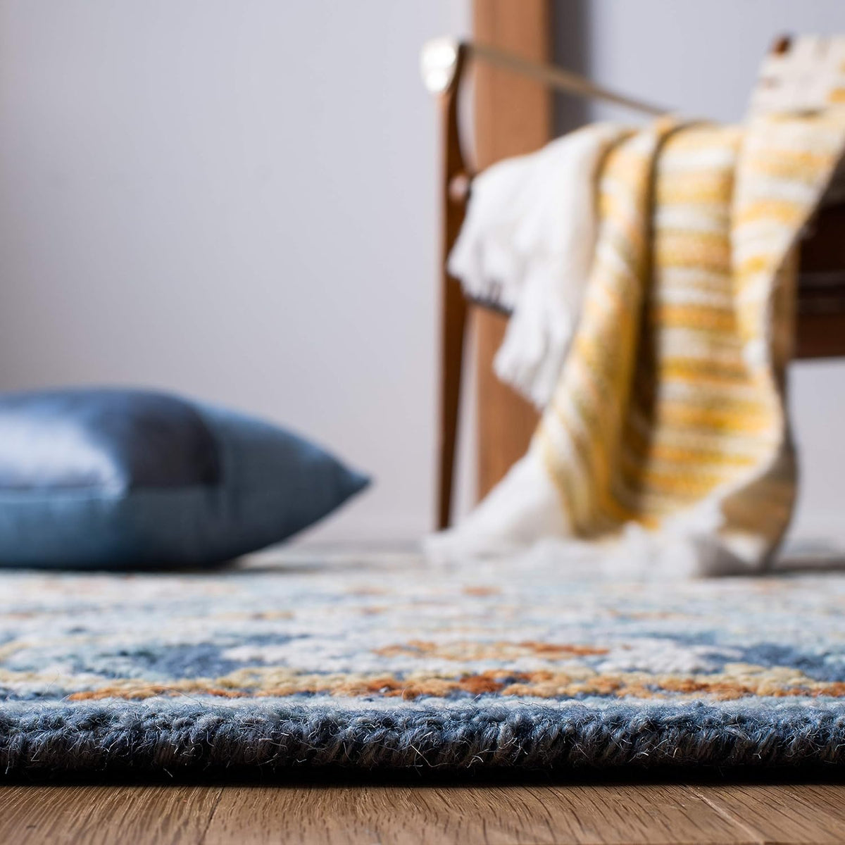 Blossom Area Rug, Navy & Yellow, Handmade Wool