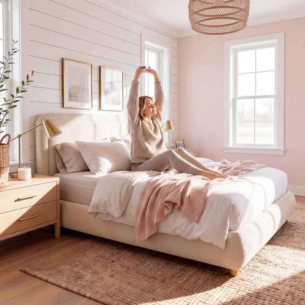 Cloud Queen Size Bed Frame with Headboard, Solid Wood Legs, Khaki