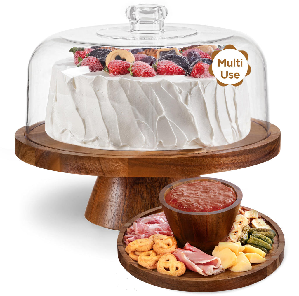Cake Stand with Lid (11.4"), Multifunctional Cake Stand with Acrylic Dome, Acacia Wood 6-in-1 Cake Plate Display