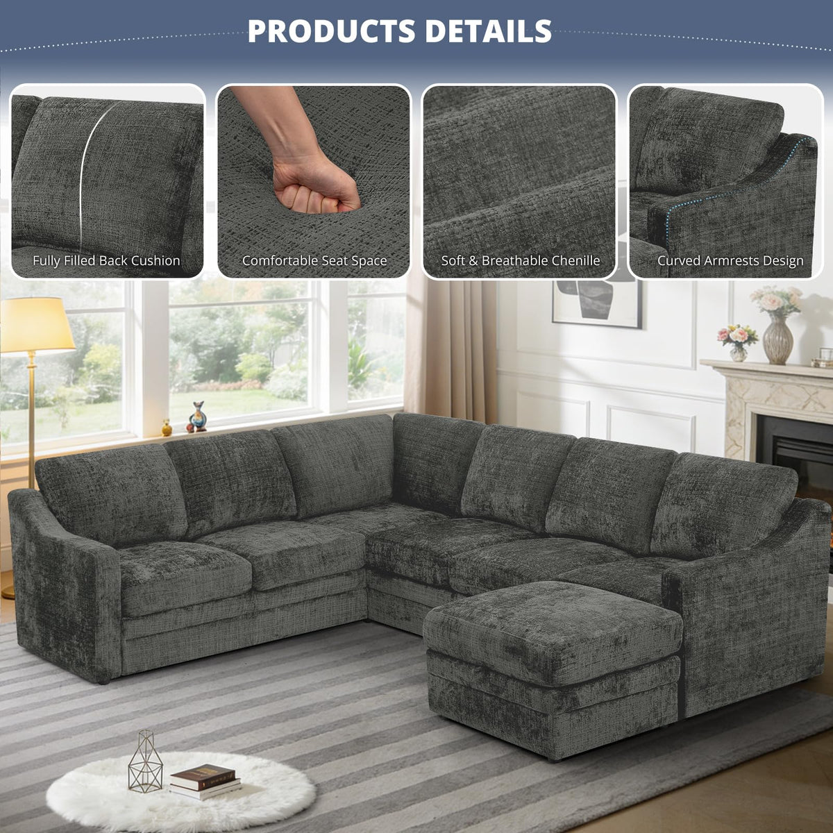 115 Inches Chenille Sectional Sofa with Storage Ottoman, Grey