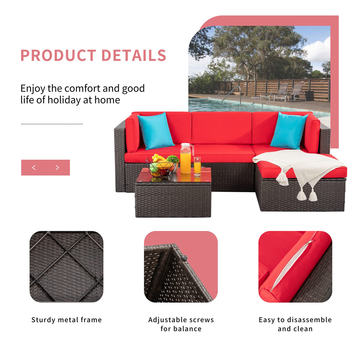 5 Pieces Patio Furniture Sets Outdoor All-Weather Sectional Patio Sofa Set PE Rattan Manual Weaving Wicker Patio