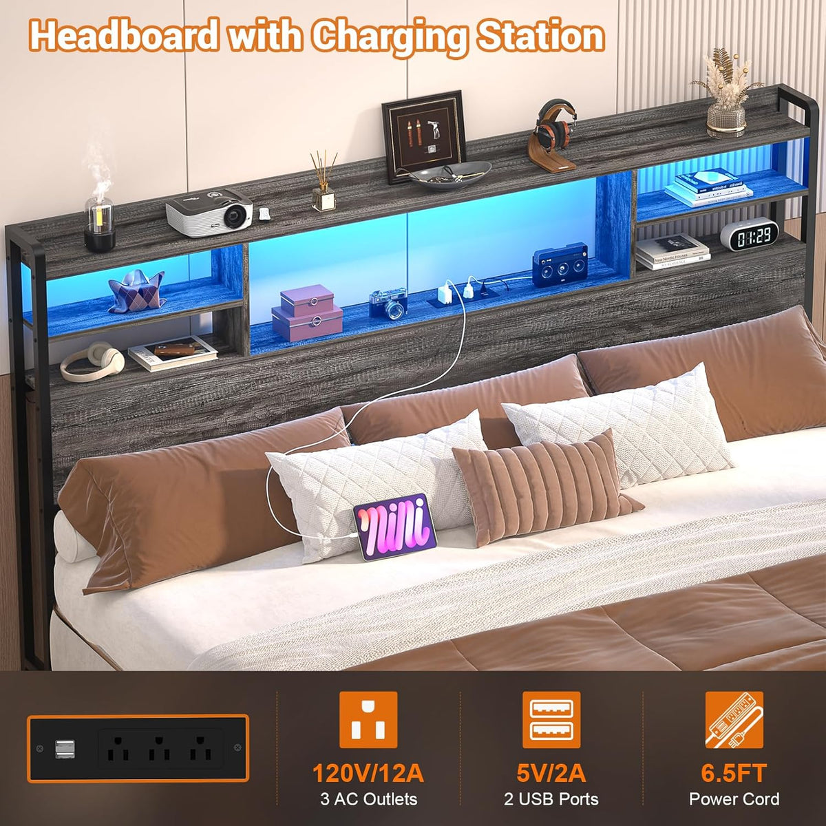 Headboard for King Bed with Storage, Headboards with LED Light, Power Outlets, USB Ports King Head Board