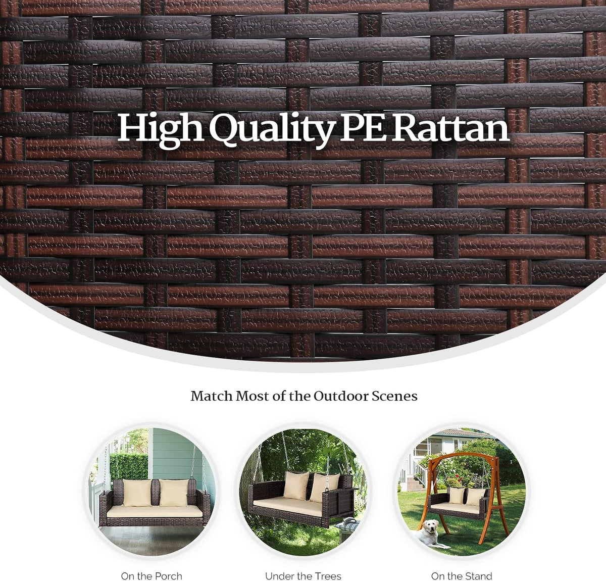 4FT Rattan Swing Bench, Wicker Hanging Porch Swing (Brown+Beige) | 2 Person Patio Bench Swings, Heavy Duty 800 LBS