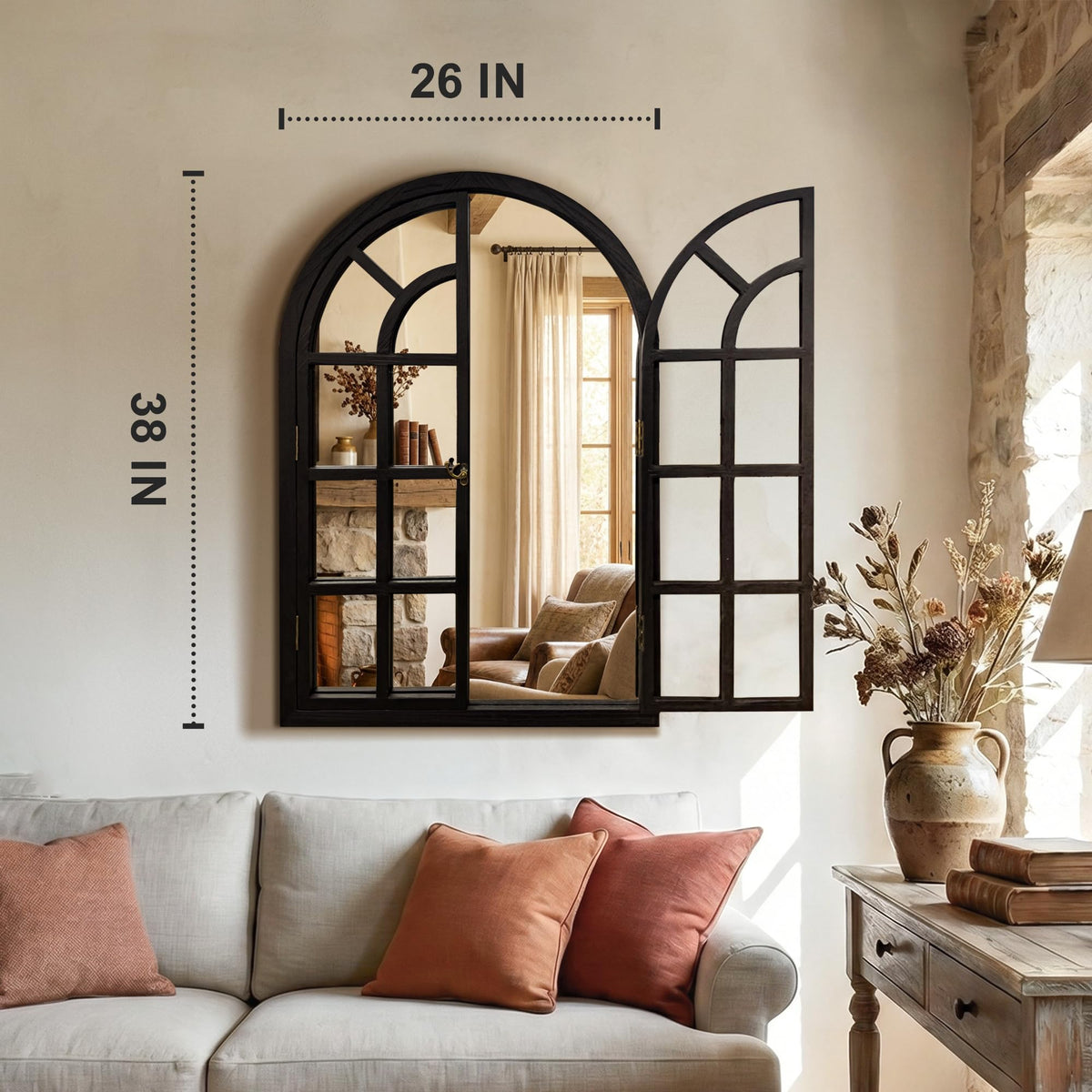 Arched Wall Mirror with Windowpane, 26"x38" Black Wood Mirror for Wall