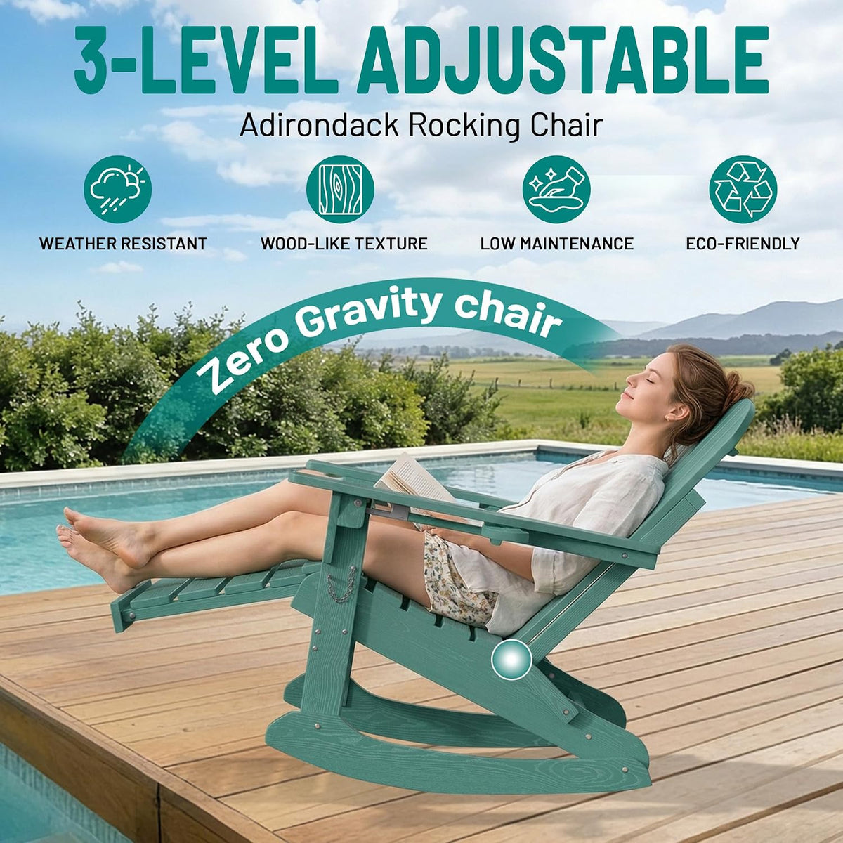 Folding Adirondack Rocking Chair with Retractable Ottoman, Aruba | Weather Resistant, Wood-Grain, 2-Sided Cup