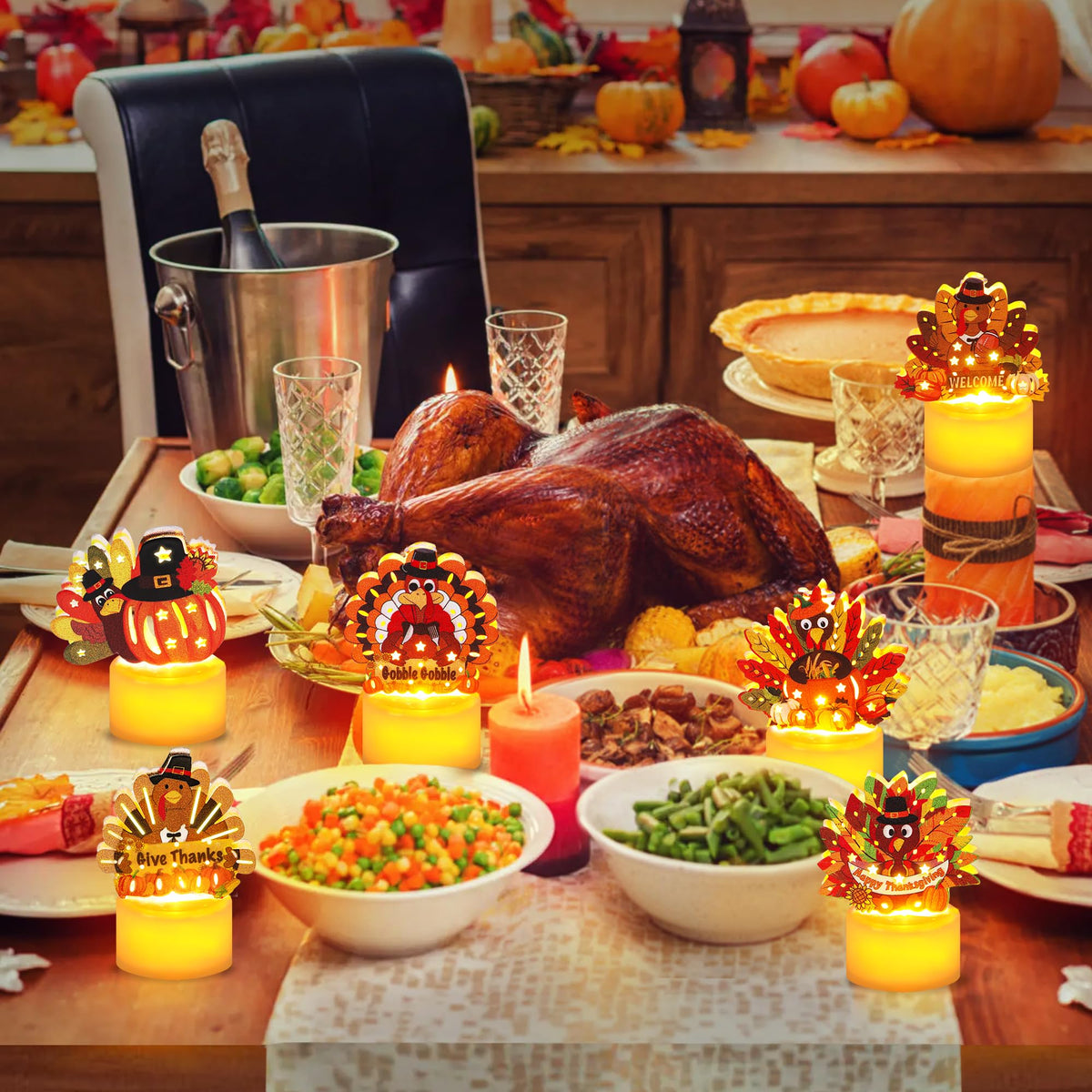 Thanksgiving Table Decorations 6 Pack Turkey Flameless LED Candles Battery Operated Turkey Tea Lights for Mantle