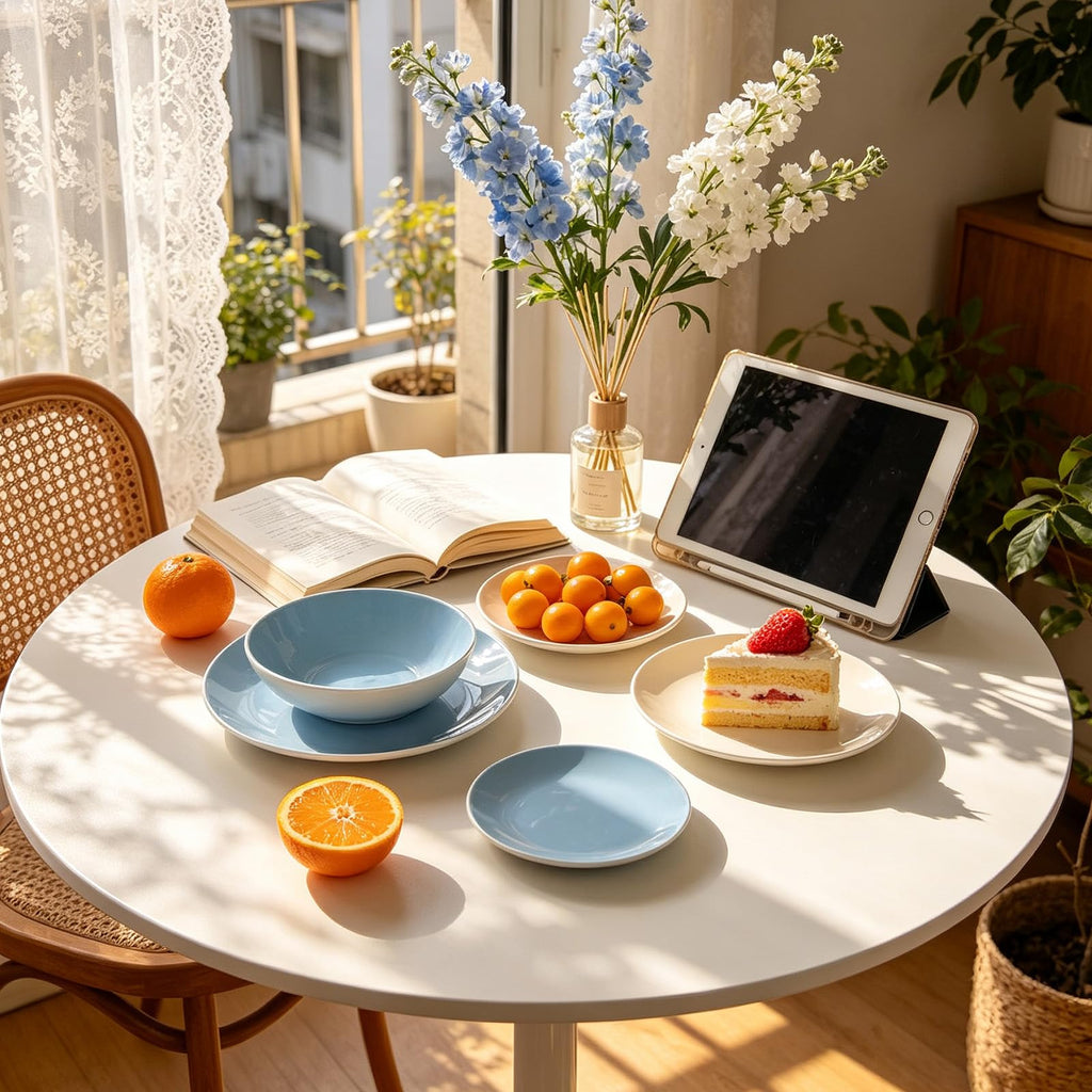Stoneware Coupe Shape 12pc Dinnerware Set, Outside White + Inside Blue