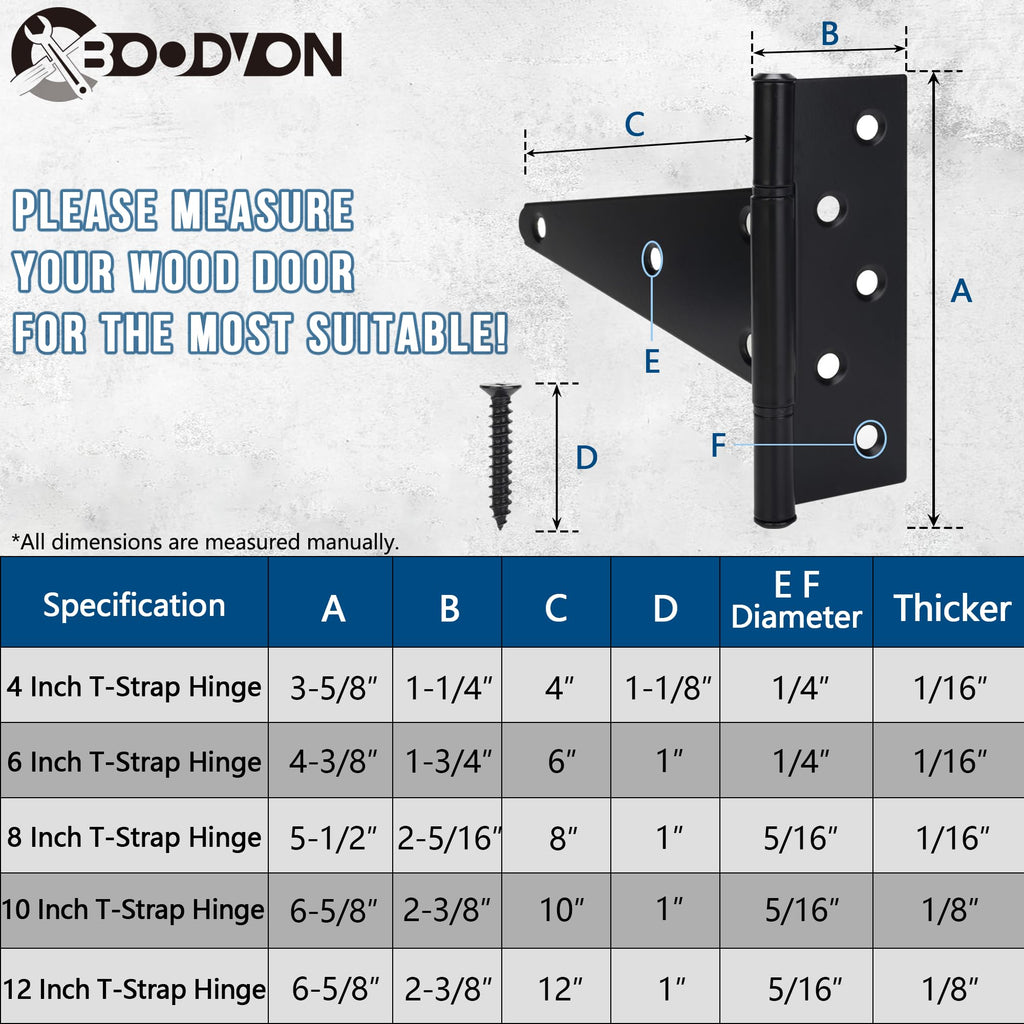 4 Inch T-Strap Gate Hinges, Shed Barn Door Hinges Heavy Duty, Black Tee Hinges for Wooden Fences, Yard Gate, Wrought