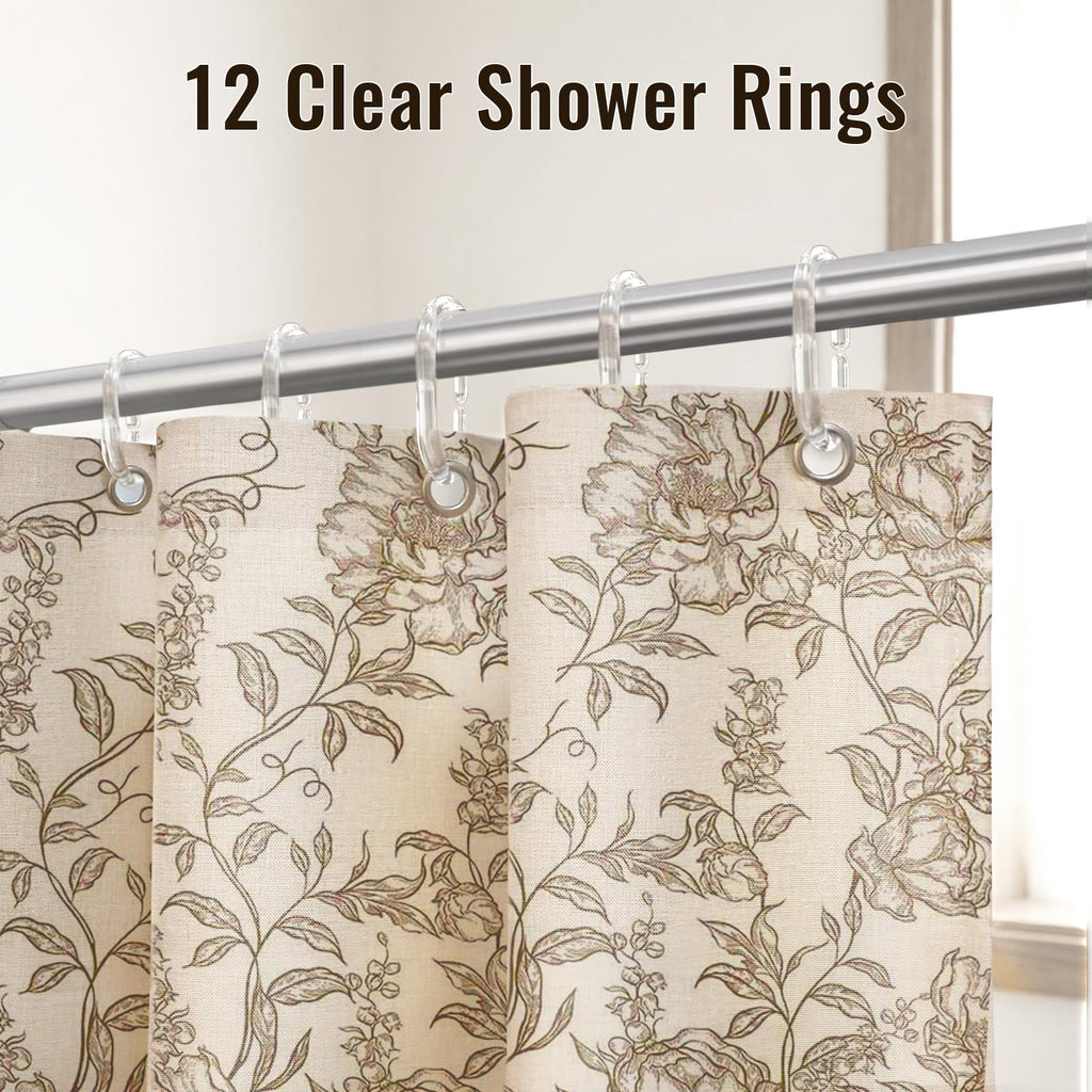 Farmhouse Brown Floral Shower Curtain with 12 Clear Rings 72"W x 84"L