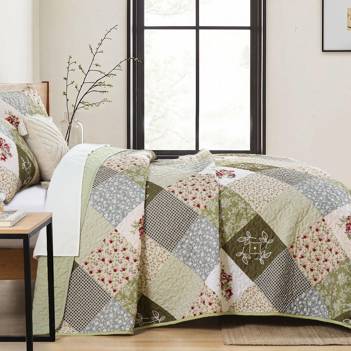 Patchwork Quilt Set, Boho Bedding Set, Oliver Green