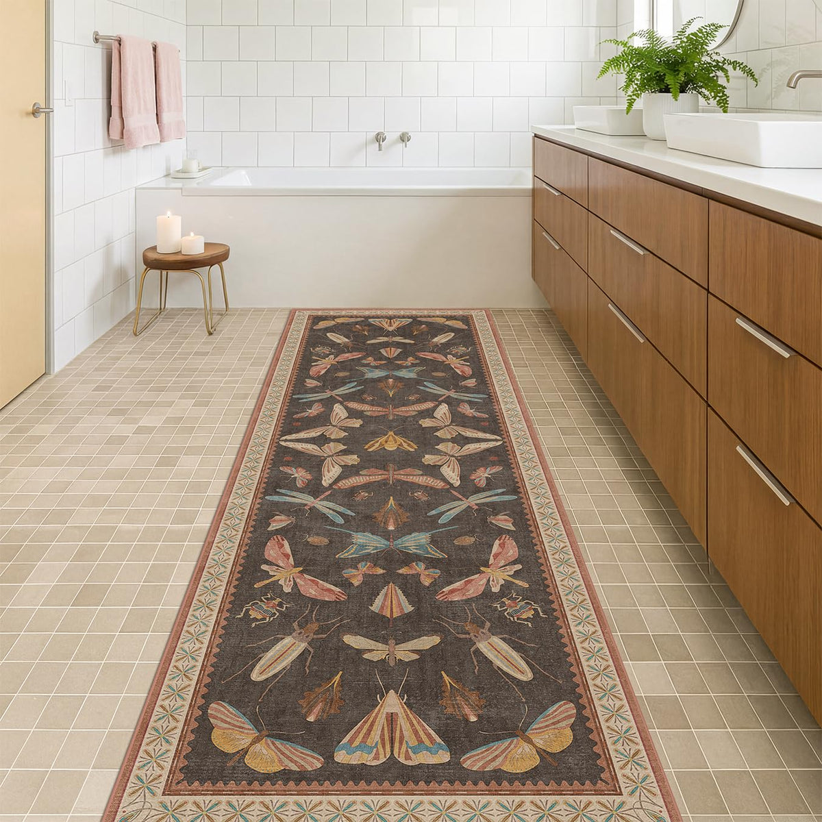Long Runner Rug, Washable Non Slip Carpet Floor & Entryway, Orange Brown Whimsical Insect Moth Design