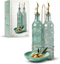 Glass Olive Oil Bottle Dispenser - 2 Pack- 17oz Oil and Vinegar Cruet - Olive Oil Carafe Decanter, Floral, Green - Set of 2