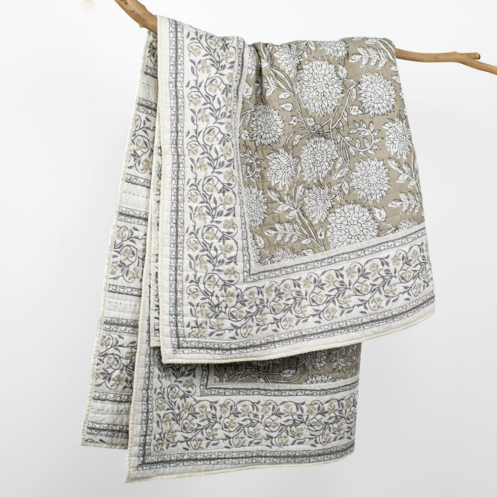 Adare Taupe - Throw - Bordered Floral - Taupe, Grey and Cream -Quilted Throw (50x60in.) - Cotton