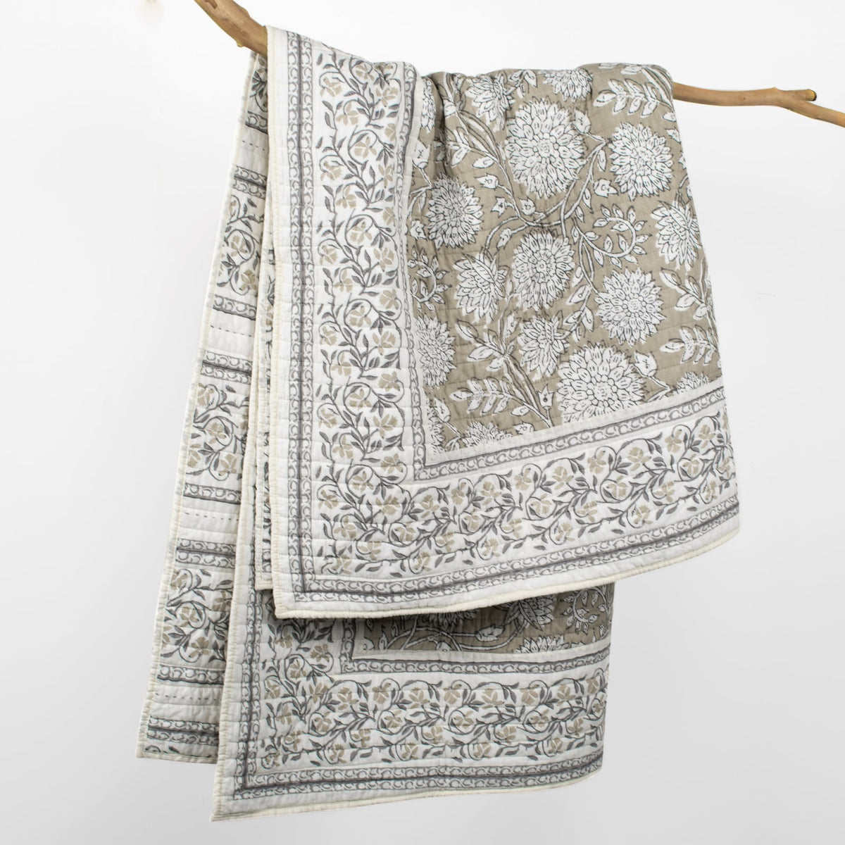 Adare Taupe - Throw - Bordered Floral - Taupe, Grey and Cream -Quilted Throw (50x60in.) - Cotton