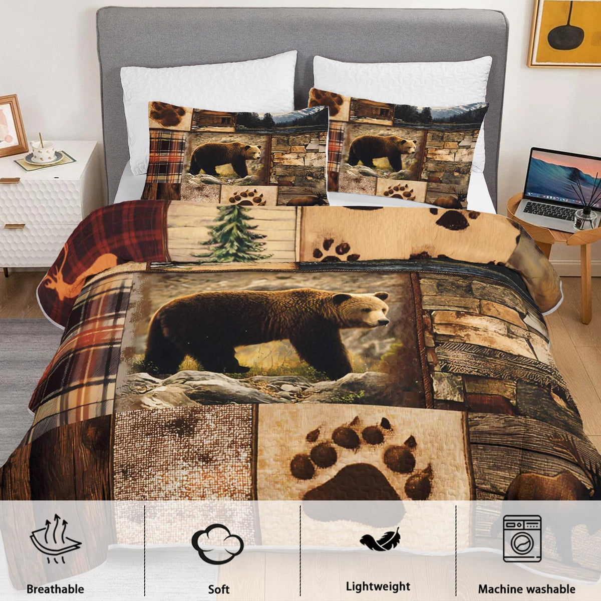 Rustic Brown Bear Quilts Bedding 3Pcs Wild Animal Deer Quilt Bed Set