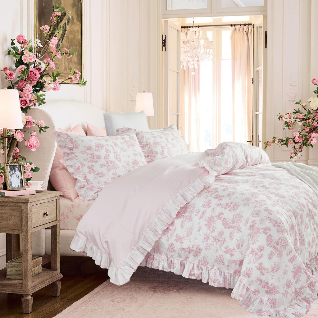 French Country Toile Queen Duvet Cover Set for Girl Women Bedroom Vintage Pink Toile Floral Print 100% Cotton Duvet