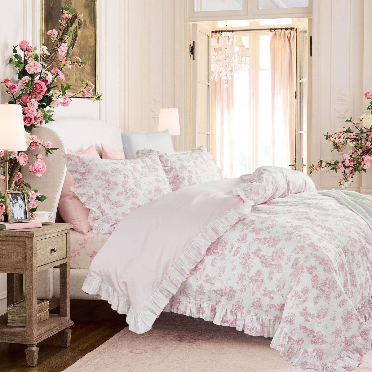 French Country Toile Queen Duvet Cover Set for Girl Women Bedroom Vintage Pink Toile Floral Print 100% Cotton Duvet