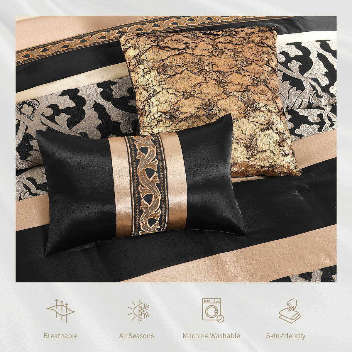 Black Gold Comforter Set, Luxury Jacquard, 7-Piece