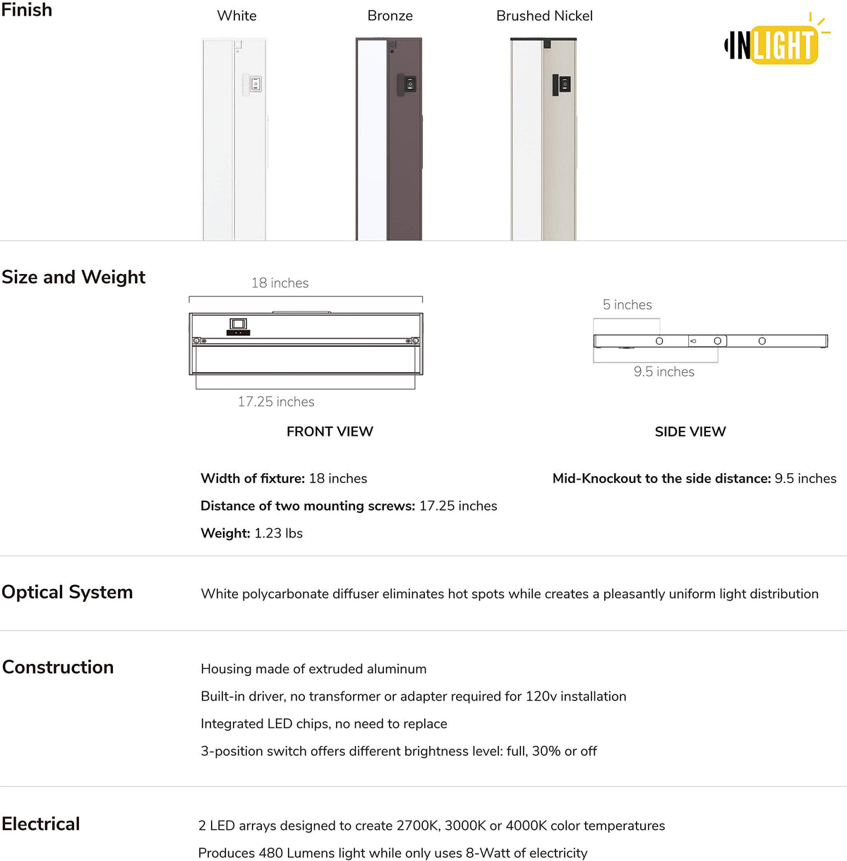 18-inch 3 Color Levels LED Under Cabinet Lighting, Hardwired or Plugged-in, Selectable White 2700K/3000K/4000K