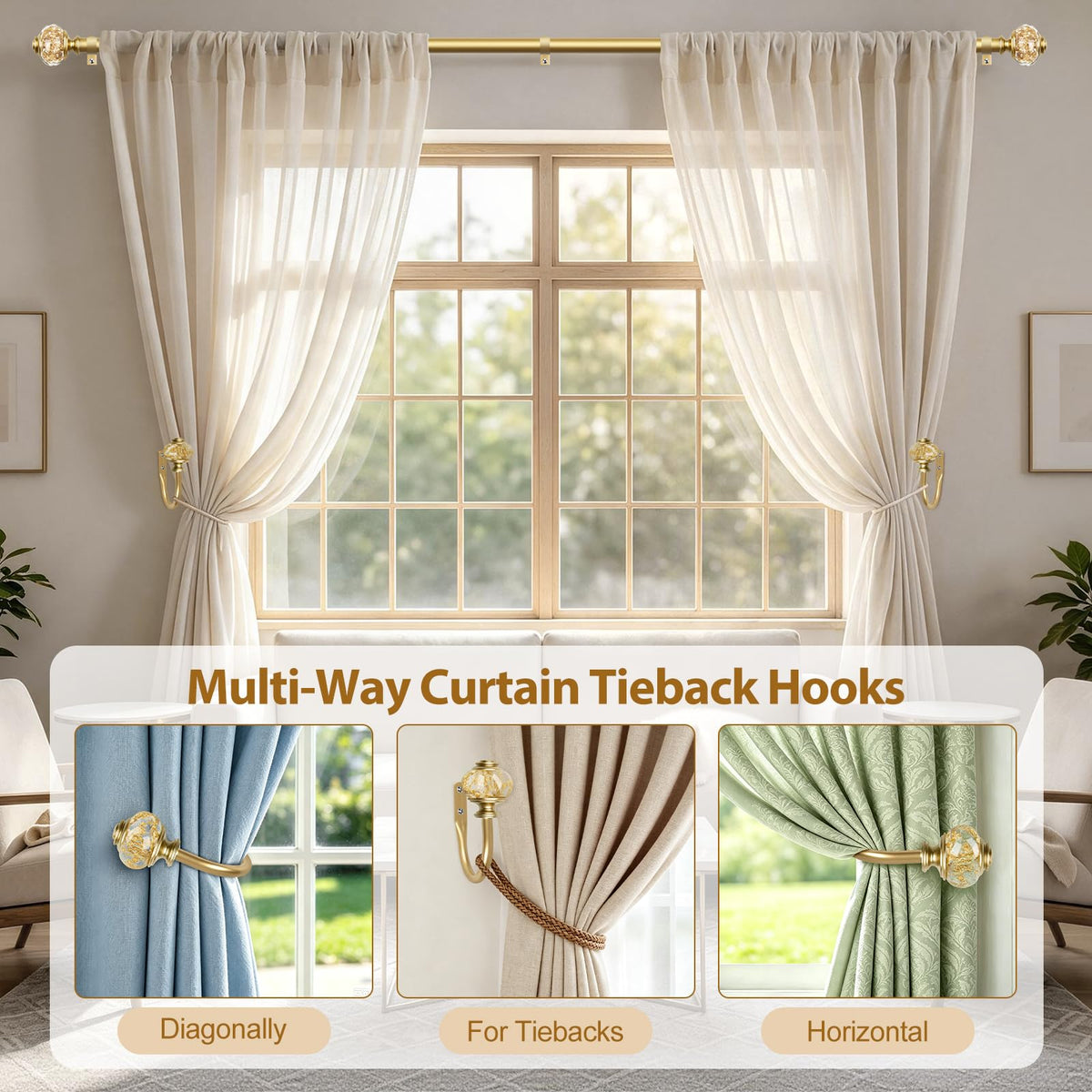Gold Curtain Holdbacks, Decorative Drapery Tiebacks, 2 Pack/1 Pair
