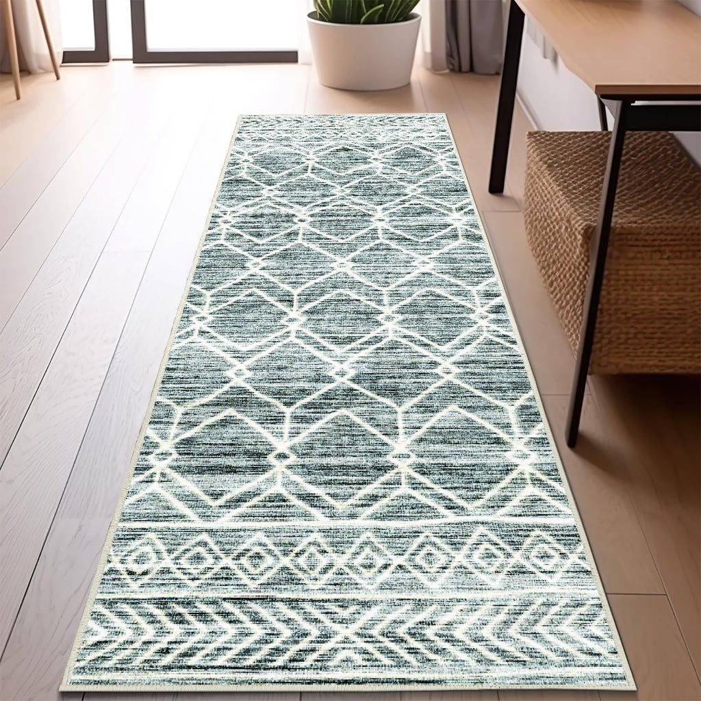 2x6 Runner Moroccan Geometric Washable Area Rug, Teal Blue