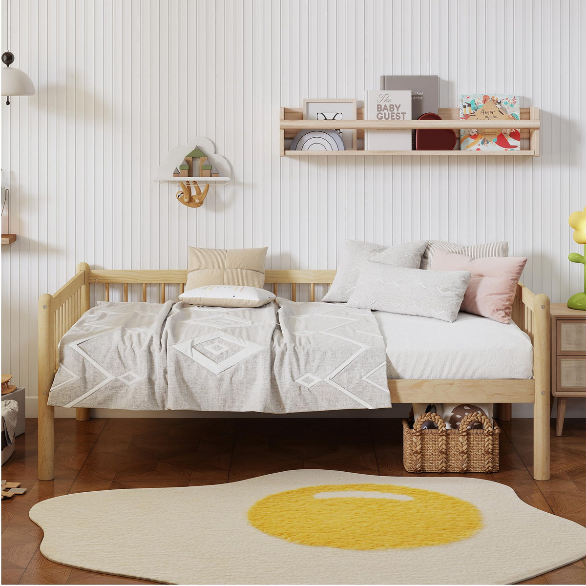 Twin Daybed with 3-Side Guardrails and Wood Frame, Natural