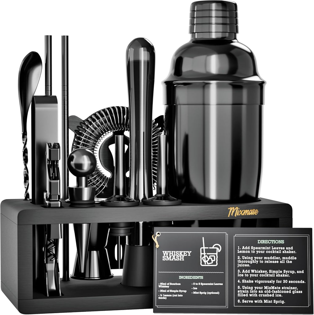Black Stainless Steel Cocktail Shaker Set with Wood Stand - Bartender Kit with Drink Shaker, Bar Spoon - Set of 15