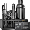 Black Stainless Steel Cocktail Shaker Set with Wood Stand - Bartender Kit with Drink Shaker, Bar Spoon - Set of 15