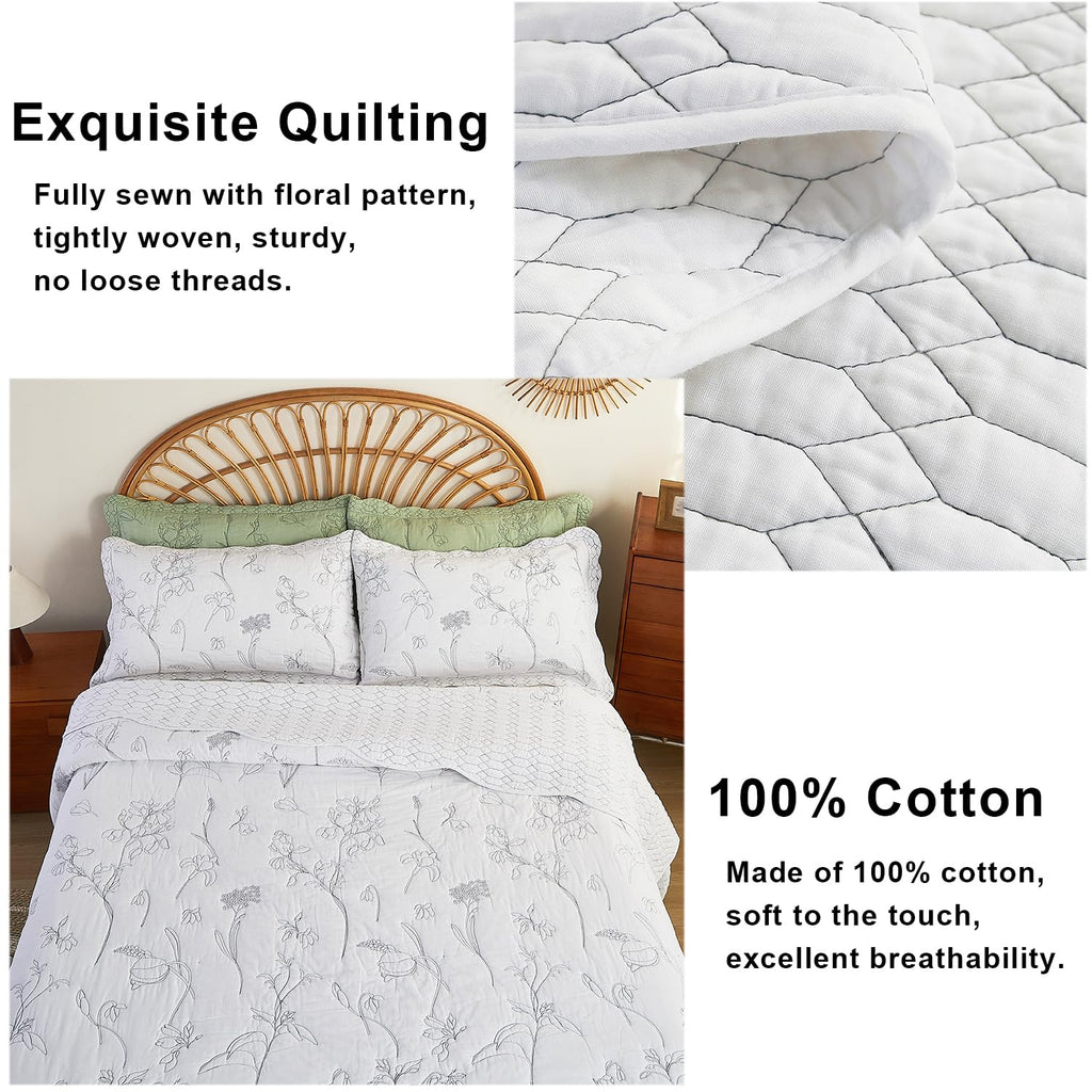100% Cotton Bedspread, 3 Pieces Floral Pattern Stitching Quilt Oversized Embroidery Bedding